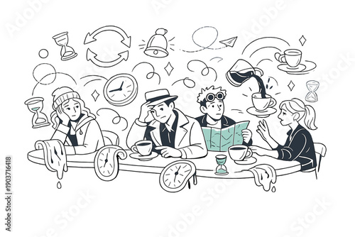 Time travelers stuck in an endless loop café. A cozy café repeats the same moment endlessly as time travelers sit at
