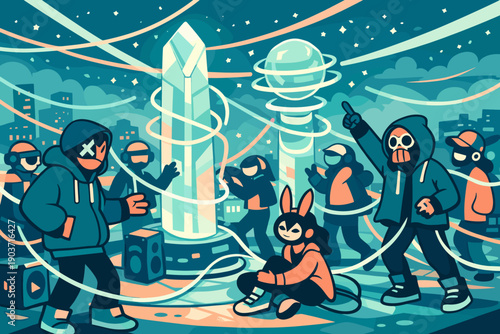 This scene shows a rooftop cyberpunk rave where masked characters gather around holographic light totems, modern flat