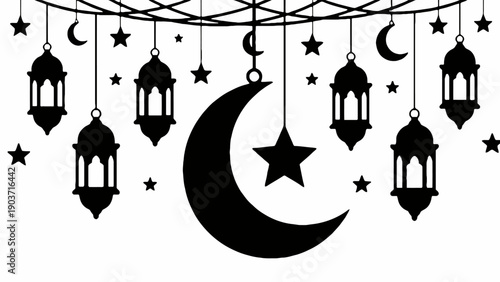 Eid Mubarak decorations with hanging lanterns and crescent moons and stars on white background