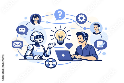 Digital Help Collaboration. Digital help center illustration. A virtual assistant and human agent working together,