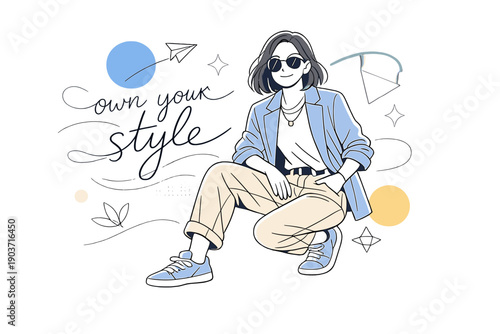 Confidence through fashion. Person posing effortlessly in a modern outfit, calm smile, sense of comfort in their own