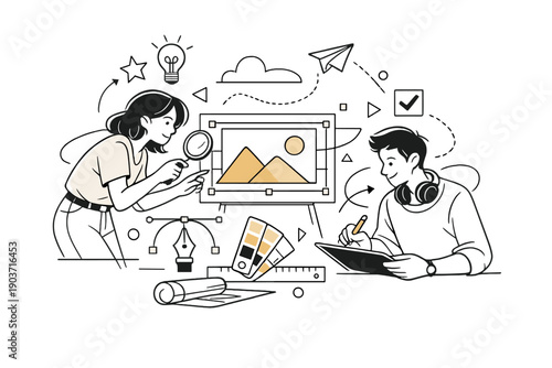 Final refinement. Designers adjusting details, color accents appearing selectively on finished elements. Quiet