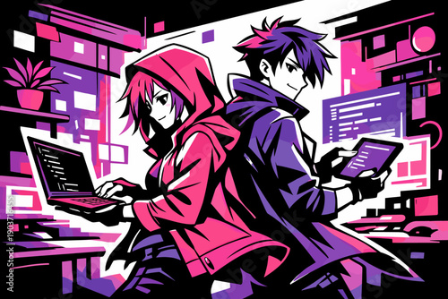 At night, a stylized anime hacker duo collaborates in sync, standing back-to-back in a neon apartment filled with