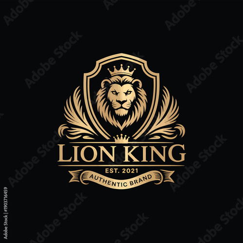 Golden lion head emblem within a shield with lion king text