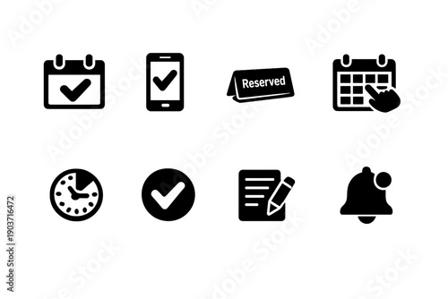 Reservation. Filled icon set of Reservation: calendar check, booking confirmation, reserved tag, date selection, time