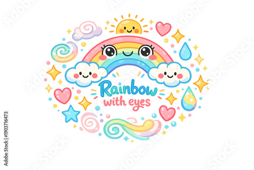 Rainbow with eyes. Hand drawn illustration of Rainbow with eyes. rainbow arc with eyes, smiling face, clouds, sparkles,