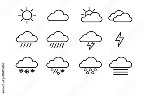 Weather symbols. Line outline icon set of Weather symbols: sunny, cloudy, partly cloudy, overcast, rain, heavy rain,