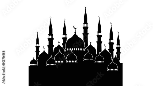 silhouette of a mosque with minarets and domes in a cityscape