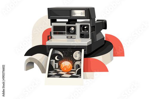 Retro instant camera rendered in grayscale capturing an unreal moment where gravity bends, the printed photo showing a