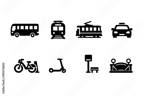 Urban Transport. Filled icon set of Urban Transport: city bus, metro train, streetcar, taxi cab, bike share, electric