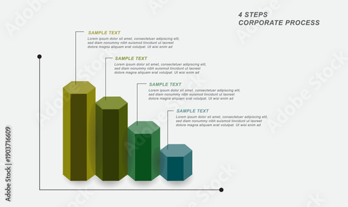 4 steps corporate process infographic with 3d column chart design. modern business visualization showing workflow stages, performance comparison, and structured process flow for presentations, reports
