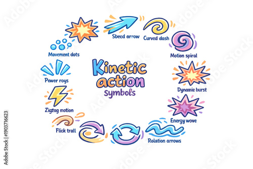 Kinetic action symbols. Hand drawn illustration of Kinetic action symbols. explosive star, speed arrow, curved dash,