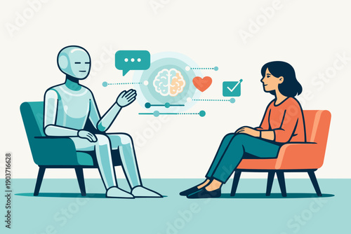 A modern flat illustration of an AI therapist counseling humans in a calm digital clinic, stylized humanoid AI with a