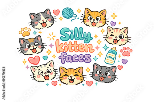 Silly kitten faces. Hand drawn illustration of Silly kitten faces. goofy kitten faces, tongue out, crossed eyes,