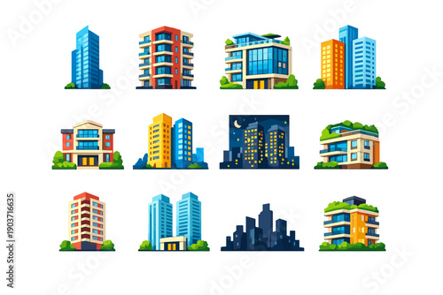 Colorful Tower Icons. High-rise residential towers. Colorful flat vector icons set of high-rise residential towers: