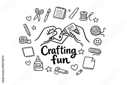 Crafting fun. Hand-drawn doodle illustration of Crafting fun. In the middle, one slightly larger central doodle drawing