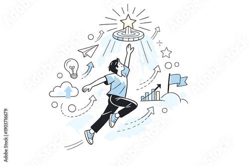 Inspiration and motivation. A character reaching toward a glowing goal, light rays and symbols lifting upward around