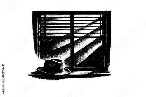 Venetian blind slats implied through sharp bands of light across a silhouetted window frame, cinematic noir mystery