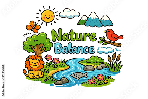 Nature Balance. Hand-drawn doodle illustration of Nature Balance. lion, bird, tree, water stream, fish, grass, flowers,