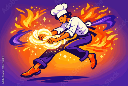 Inside the same modern flat illustration style, a stellar baker floats while kneading dough formed from light and