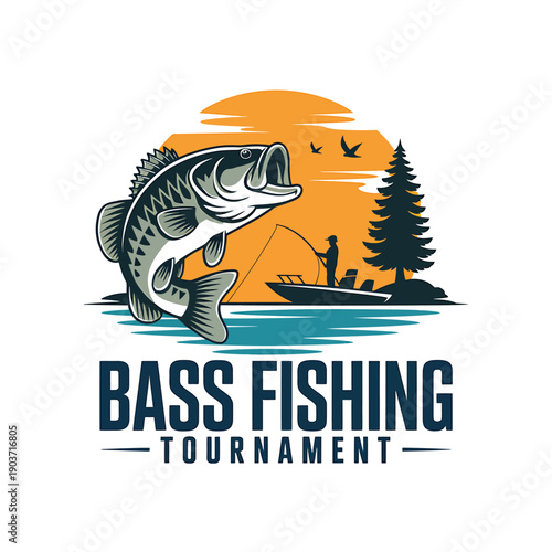 A large bass fish jumps above a scenic fishing scene at sunset