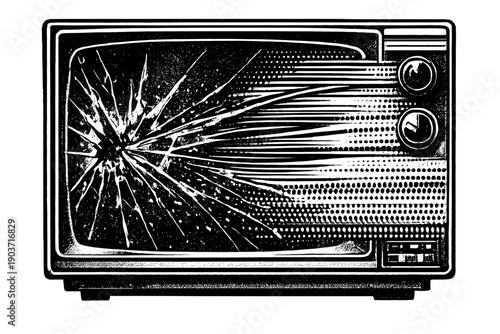 Close-up of an old television cropped by the frame, cracked screen dominating the composition, shattered surface