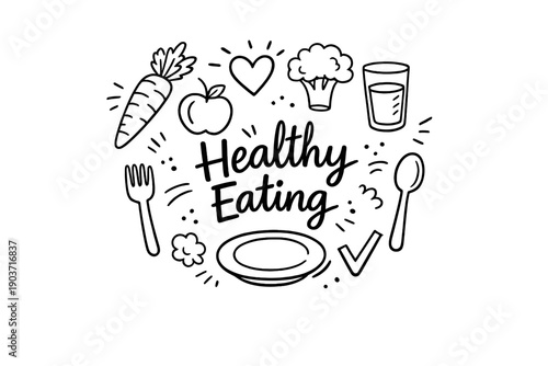 Healthy Eating Doodle. Healthy Eating. Hand-drawn doodle illustration of Healthy Eating. apple, carrot, broccoli, water