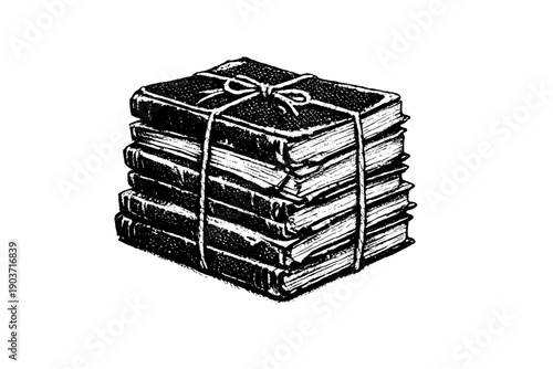 A stack of worn textbooks tied with string, depicted as a black and white halftone illustration using visible dot