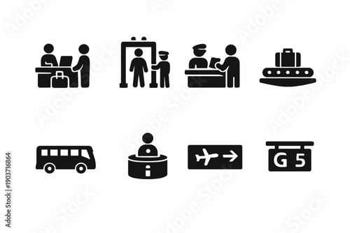 Airport services. Filled icon set of Airport services: check in counter, security check, passport control, baggage claim
