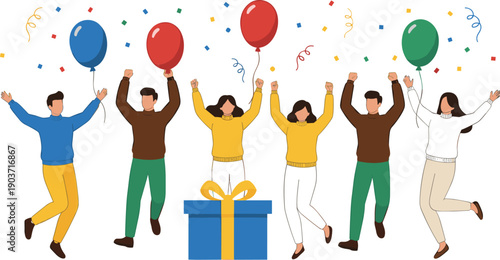 Happy people celebrating with balloons and gift illustration symbolizing party, surprise, success, and joyful festive moments in flat vector style