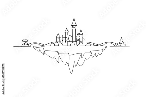 "Enchanted island realm". Minimalistic one-line drawing island hovering in the sky with castle towers and bridges,
