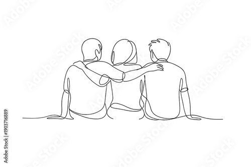 Togetherness friendship scene. Minimalistic one-line drawing friendship concept capturing shared presence and mutual