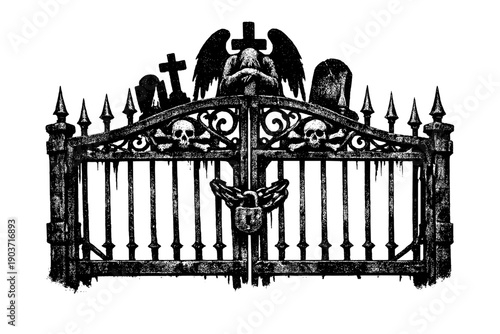 Weathered iron cemetery gate topped with sharp finials, gothic funerary symbolism suggested through shadow and
