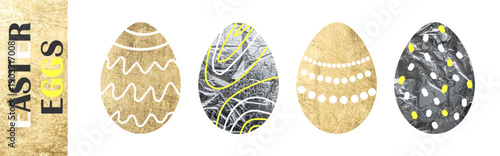 A set of gold and silver foil Easter eggs. Trendy glittery Easter decor.