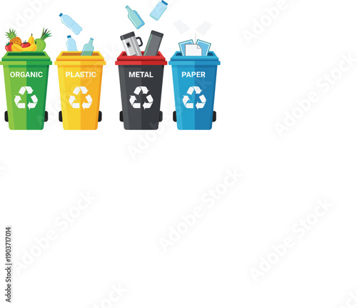 Waste recycling bins illustration showing organic, plastic, metal, and paper trash sorting system for environmental sustainability concepts
