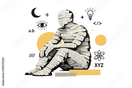 A seated human figure composed of neatly stacked book pages, text visible as texture, head slightly abstracted, black