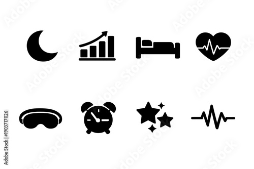 Sleep quality tracking icons. Filled icon set of Sleep quality tracking icons: crescent moon, sleep chart, bed, heart