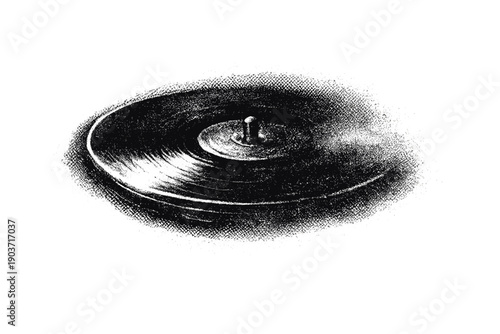 Spinning turntable platter suggested by a vinyl edge caught in dim light, atmosphere of lingering sound and memory,