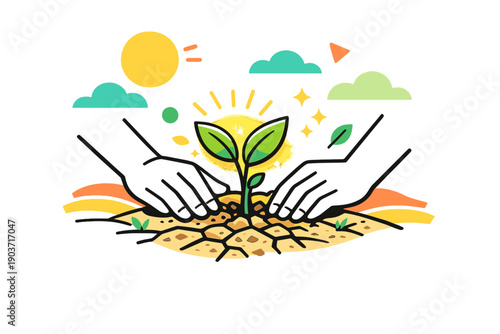Fighting desertification. Hands planting a small green sprout into dry soil, leaves glowing as hope symbols. Optimistic