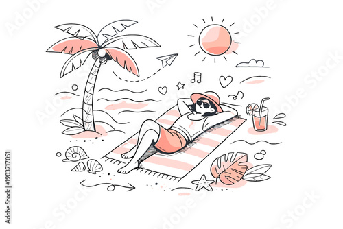 Beach Relaxation. A person lying on a beach towel under a palm tree, gentle shadows, sun glowing softly above. Minimal