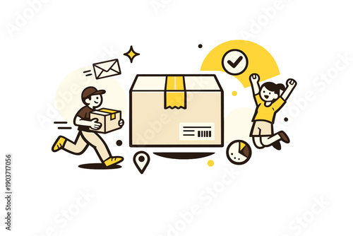 Minimal shipping package. A simple sealed box centered in space, tape and label perfectly aligned, calm visual balance.