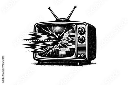 Antique television illustrated as a broken broadcast icon, cracked screen emitting graphic interference patterns