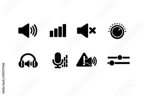 Audio Volume. Filled icon set of Audio Volume: speaker icon, sound bars, mute cross, volume knob, headphone volume,
