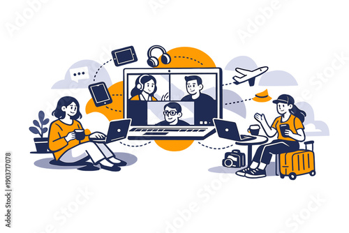 Work-from-anywhere culture. People joining a video call from home, café, and travel scenes, devices floating in sync.