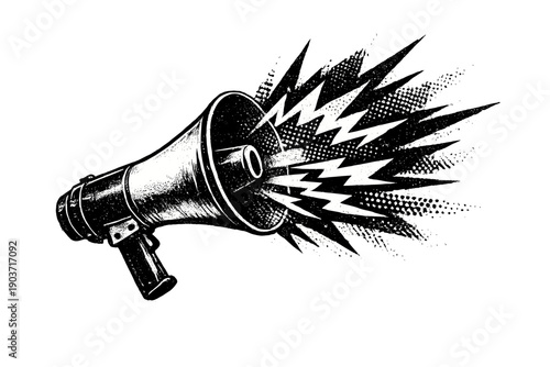 Vintage megaphone illustrated at a sharp angle, sound imagined as aggressive graphic interference spilling outward,