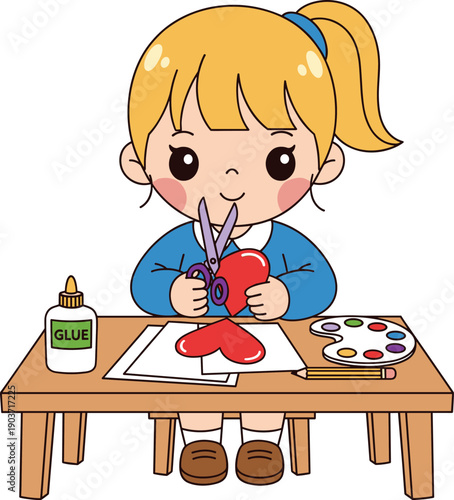 Cute little girl doing paper craft illustration featuring child cutting heart shape for creative learning and kids DIY activity concept