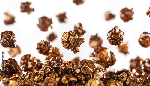 Flying Brown Popcorn Kernels on White Background in Airy Setting