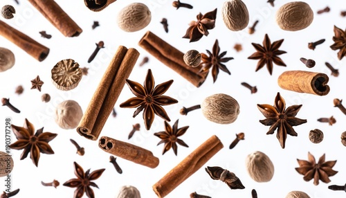 Spices and Aromatics Floating in Air, Culinary Ingredients Background