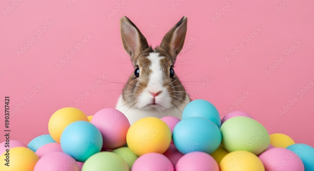 Fototapeta premium A cute, fluffy Easter bunny with colorful eggs in a basket, celebrating spring.