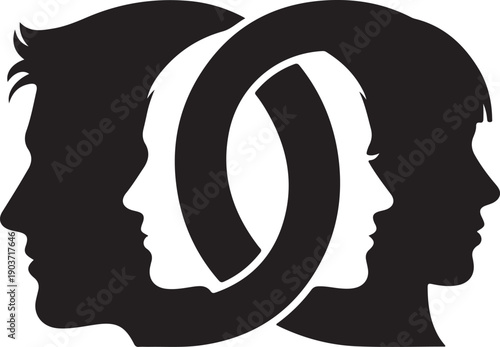 Silhouette of two people in profile with overlapping heads